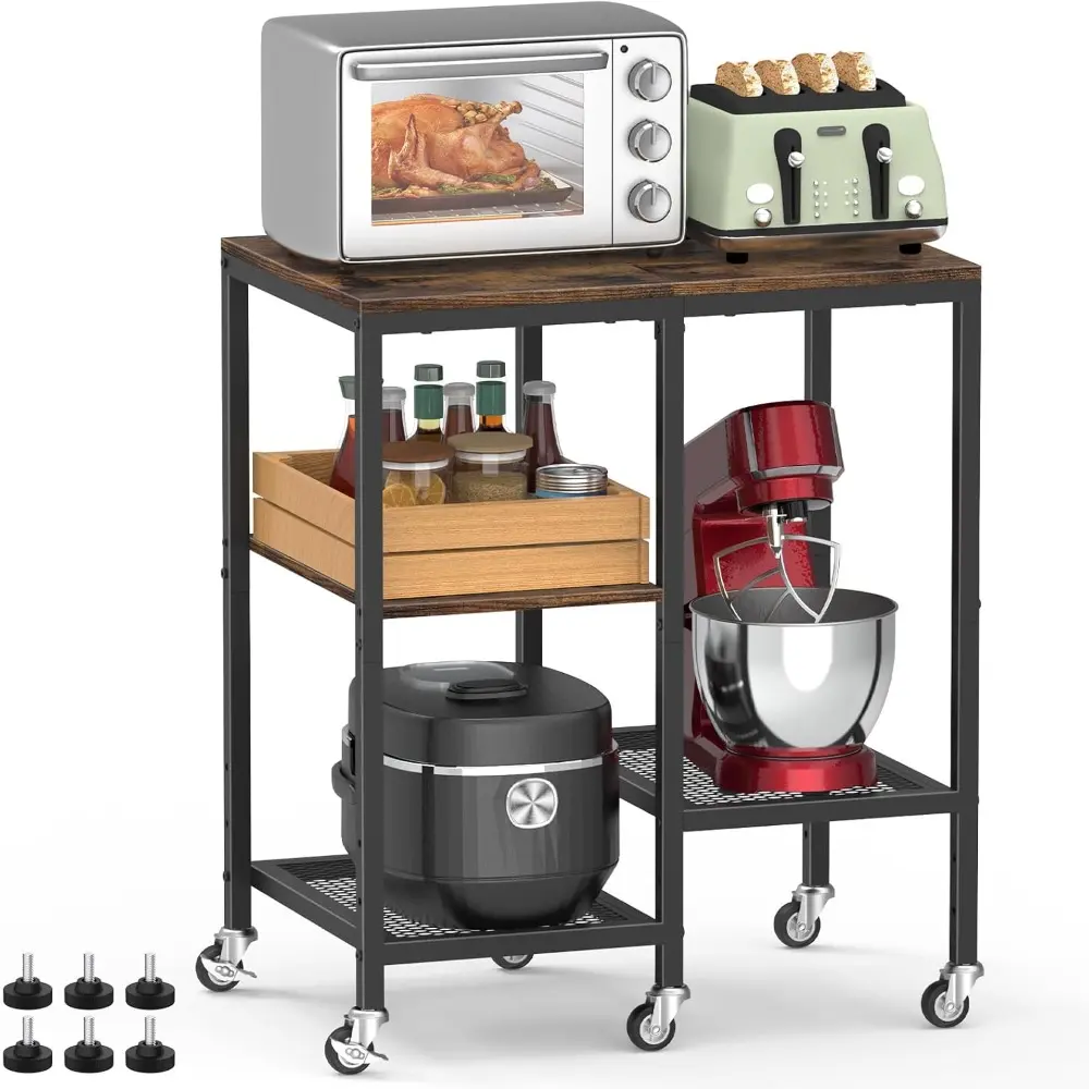 Kitchen Microwave Cart, Microwave Stand with Wheels, Coffee Bar, Four-Tier Rolling Bread Rack, Small Appliance Storage Rack, Kitchen, Living Room Practical Side Table (Country Brown)