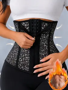 1 Count Women's Front Zipper Shapewear Belts, Fajas, Boned Shaping Waist Cincher, Compression Tummy Sculpting Waist Trainer, Leopard-Patterned Front-Closure Corset, Curves-Enhancing Supportive Girdle, Suitable For Home, Casual & Streetwear Occasions
