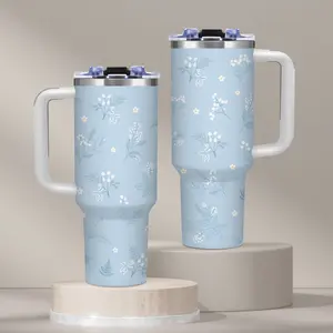 Blue Floral, 40oz tumbler with handle, iced coffee cup, pastel botanical design, Flower Lover Gift, for office and travel, Summer, Travel Mug, Stainless Steel Vacuum Insulated Water Bottle, Tumbler Gift for Women and Men