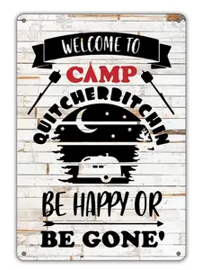 Funny Welcome to Camp Metal Tin Sign 8x12 inches Rustic Camping Wall Decor with Sayings for Home Camper Room Gifts High-Quality Aluminum Easy Install 4 Pre-Drilled Holes