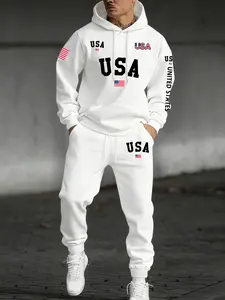 Men's Letter Flag Print Hoodie Set, Streetwear Tracksuit Set, Kangaroo Pocket Drawstring Hooded Sweatshirt + Waistdrawstring Sports Pants 2 Piece Set