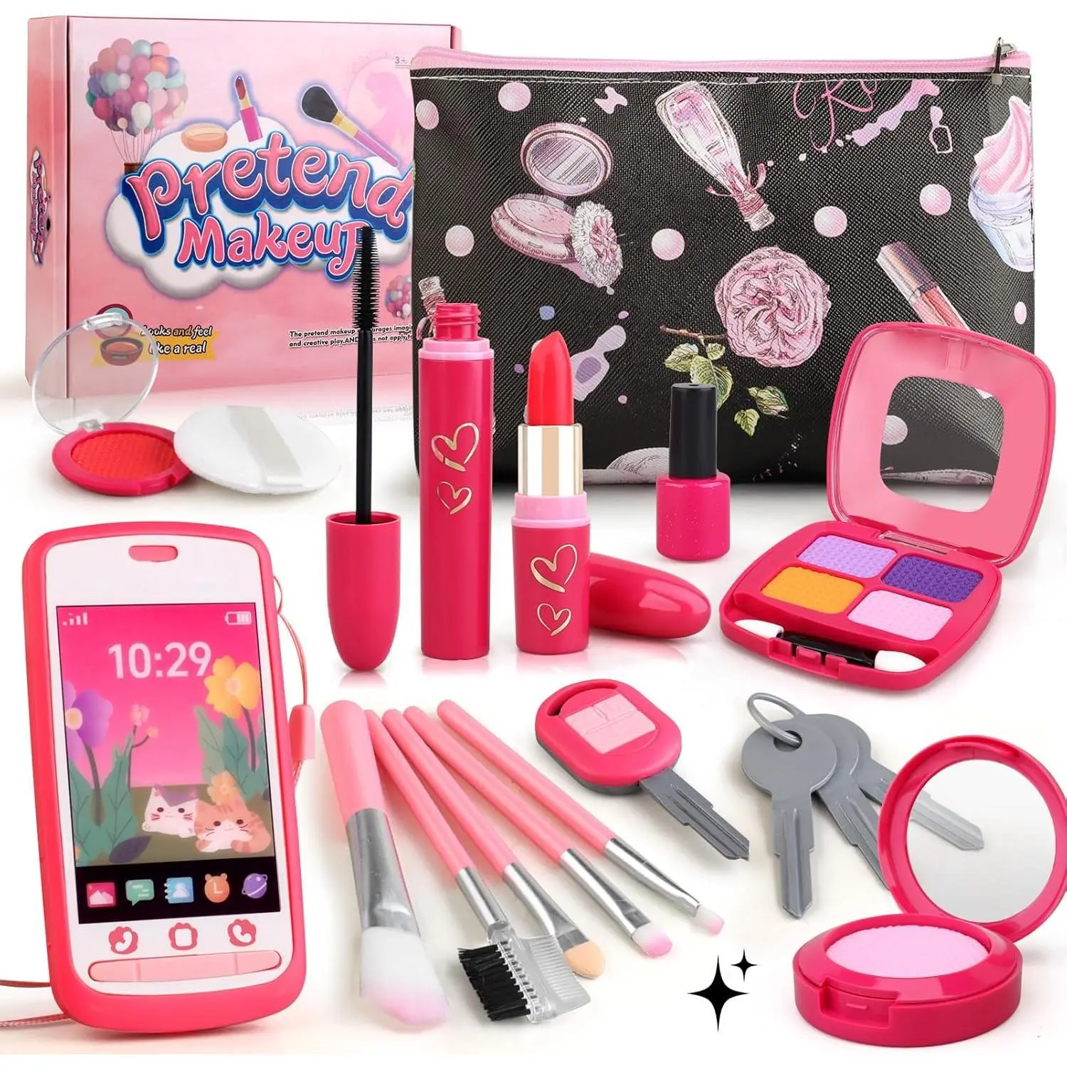 X-CPA03  Pretend Makeup Kit for Girls, Play Makeup Set for Kids 3-5, Toddler Makeup Kit with Fake Makeup Set, Car Key and Pretend Phone, Make up Toy Fake Makeup Gifts for Little Girls Birthday Gift