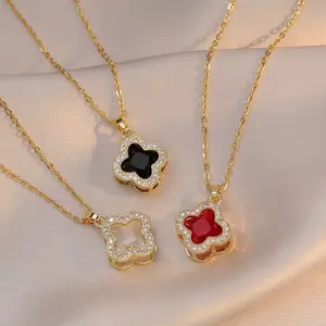 Zircon Stainless Steel Bijoux Fashion Jewelry Four-Leaf Clover Necklace with Black and Red Charms
