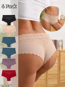 Women's Mid-Waist Lace Boxer Shorts Panties, Soft Pearl Fabric, Smooth, Breathable Comfort, Wave Edge Design, Casual, Everyday, 6 Pcs Set, All Seasons, Underwear