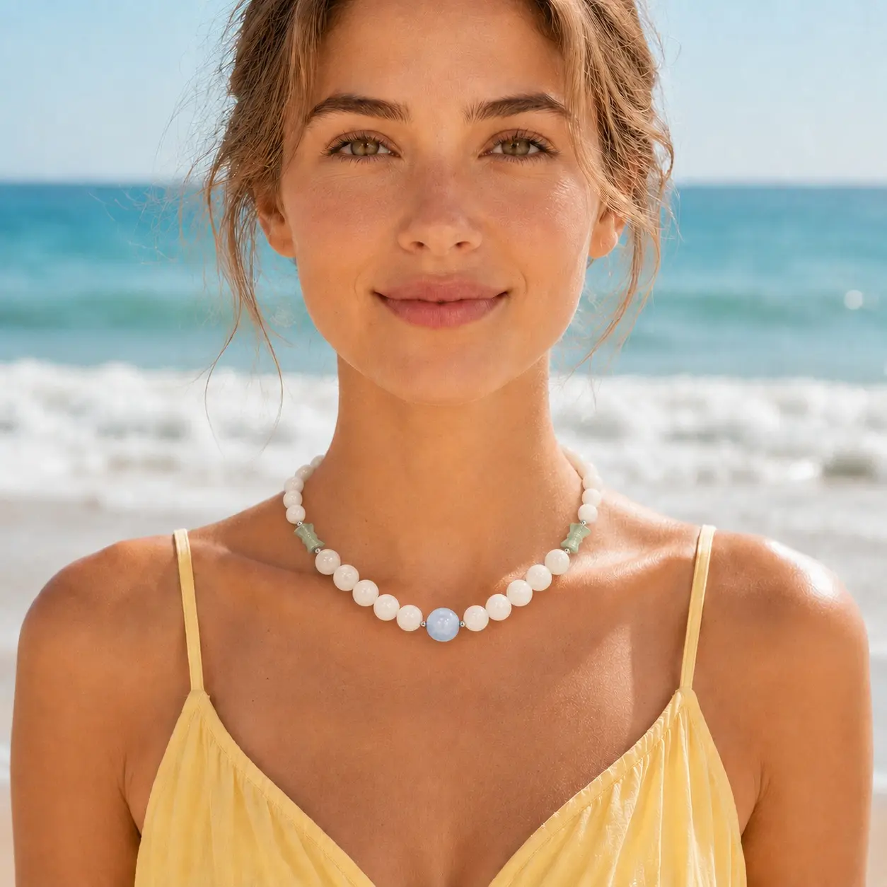 Chamica Natural White Bead Necklace with 14mm Blue Chalcedony Center Bead Adjustable Stainless Steel Summer Beach Jewelry for Women