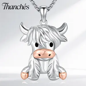 Thanches 925 Sterling Silver Highland Cow Pendant Necklace Cute Scottish Animal Jewelry Gift for Mom Girls Fashion Ideal Accessories Birthday For Daily Party Clothing Decor