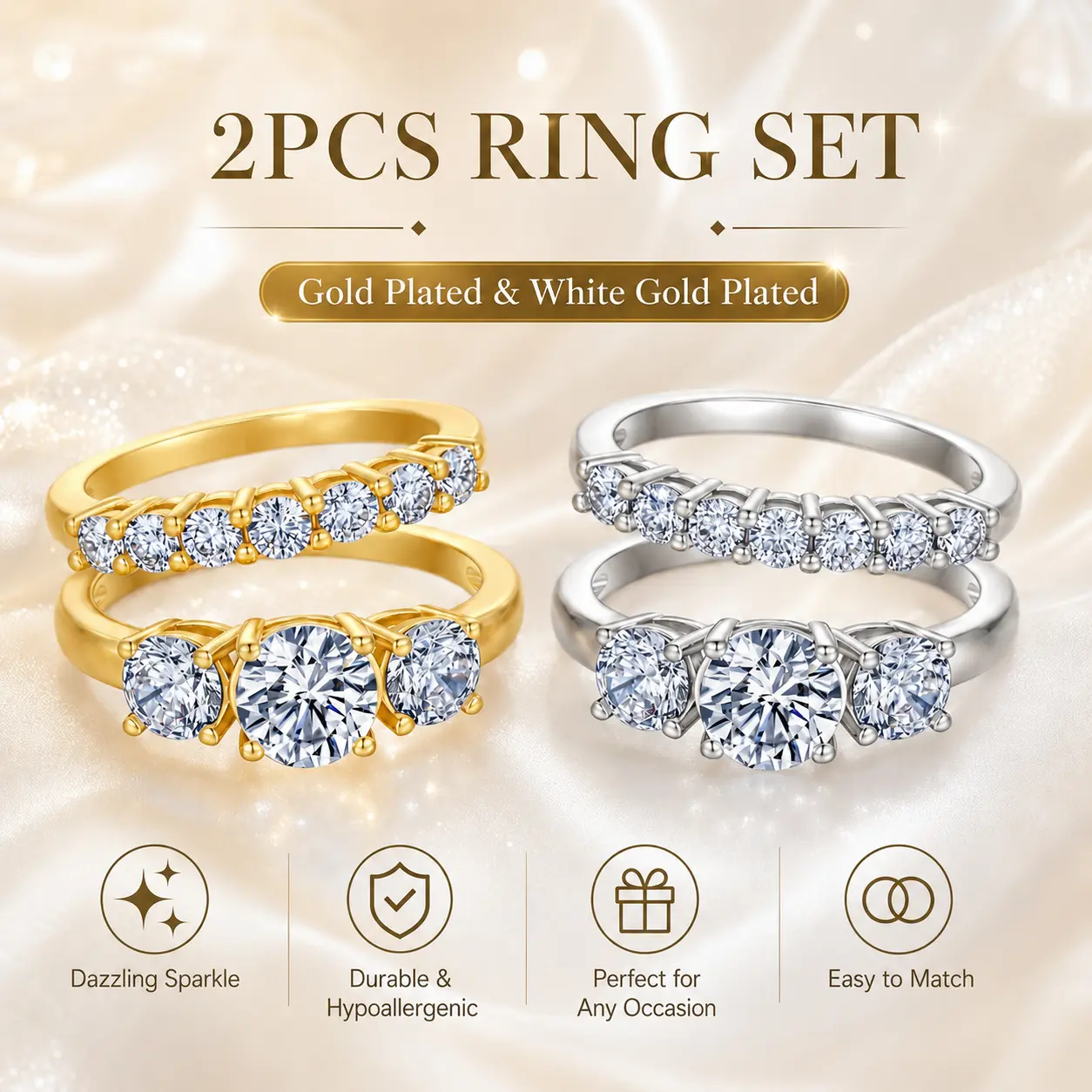 1 Carat Classic Round Cut 5A Cubic Zirconia Ring for Women, Genuine Gold Plated Sparkling Engagement Promise Ring, Wedding Jewelry Gift for Girlfriend