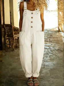 European And American Vintage Washed Black Denim Overalls for Women Loose Plus Size Harem Wide Leg Jumpsuit Youthful Casual Style Single Breast Buttons Pockets Versatile for Campus Casual Outdoor Camping