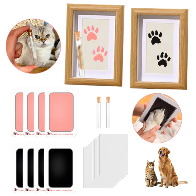Pet Paw Print Kit 4-Pcs Ink Pads 2 Photo Frame Clean Touch Mess-Free Stamp Pad for Dogs Cats Keepsake Gift with Pet Hair Capsule Memorial Photo Frame