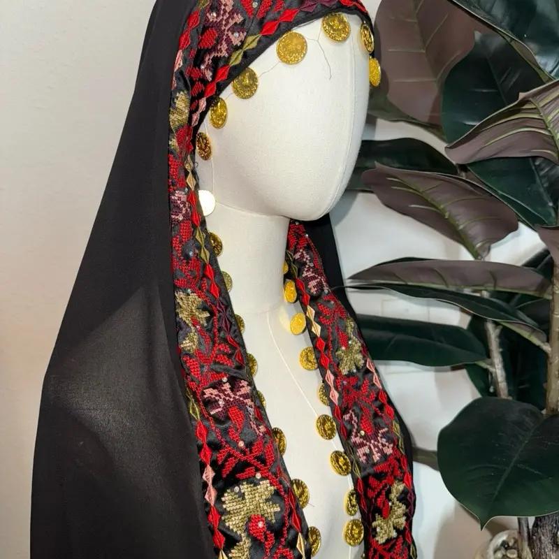 Female Chiffon Head Scarf, Embroidered with Coins, Handmade Coin-Embellished Fashion Accessory Shawl, Head Wrap, Scarf Head Wrap Embroidery