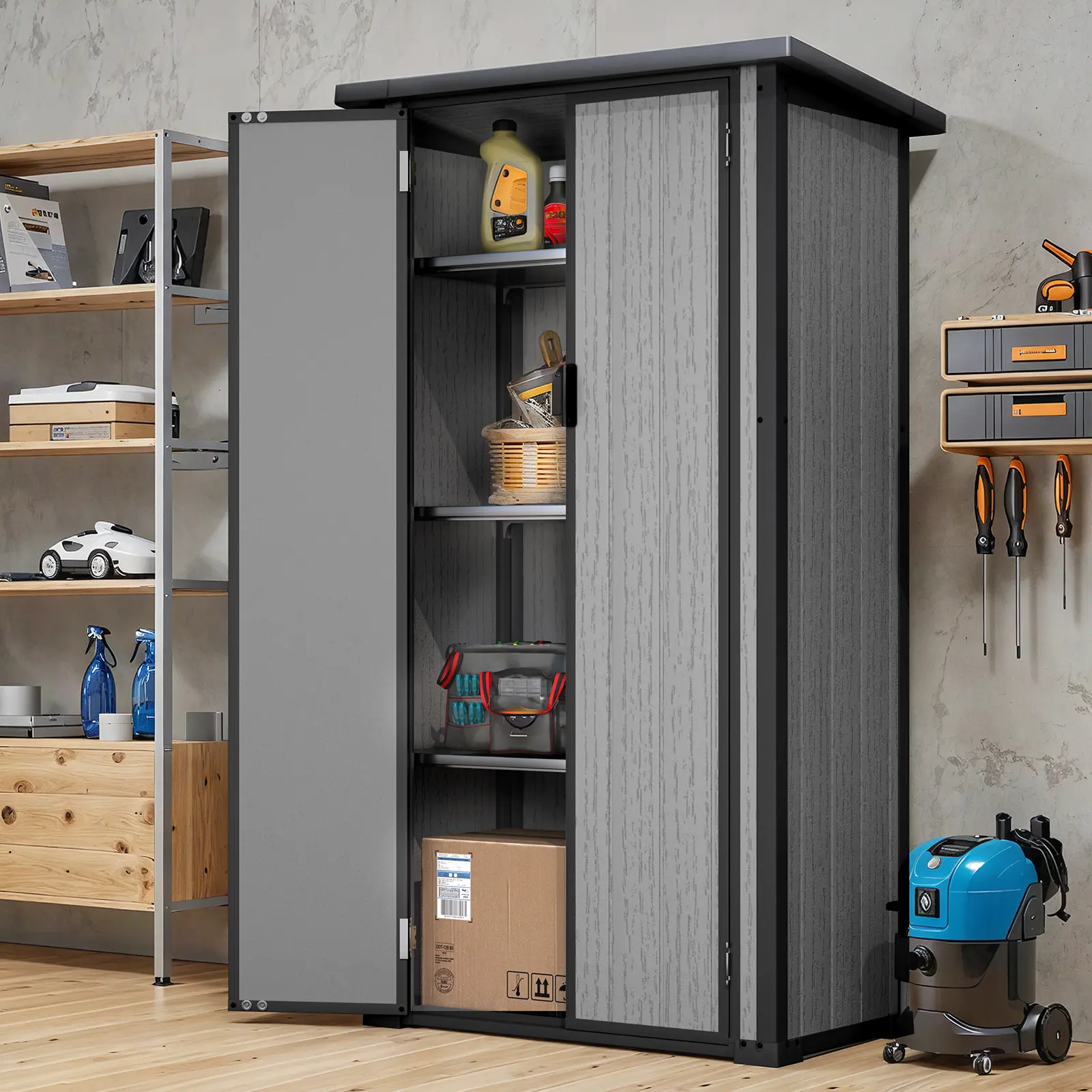Heavy-Duty Resin Outdoor Storage Shed – Waterproof Vertical Cabinet with Adjustable Shelves, Reinforced Floor & Durable All-Weather Design