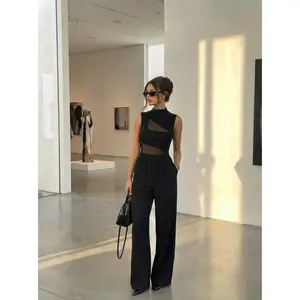 High Neck Solid Cut Out Patched Wide Leg Jumpsuit