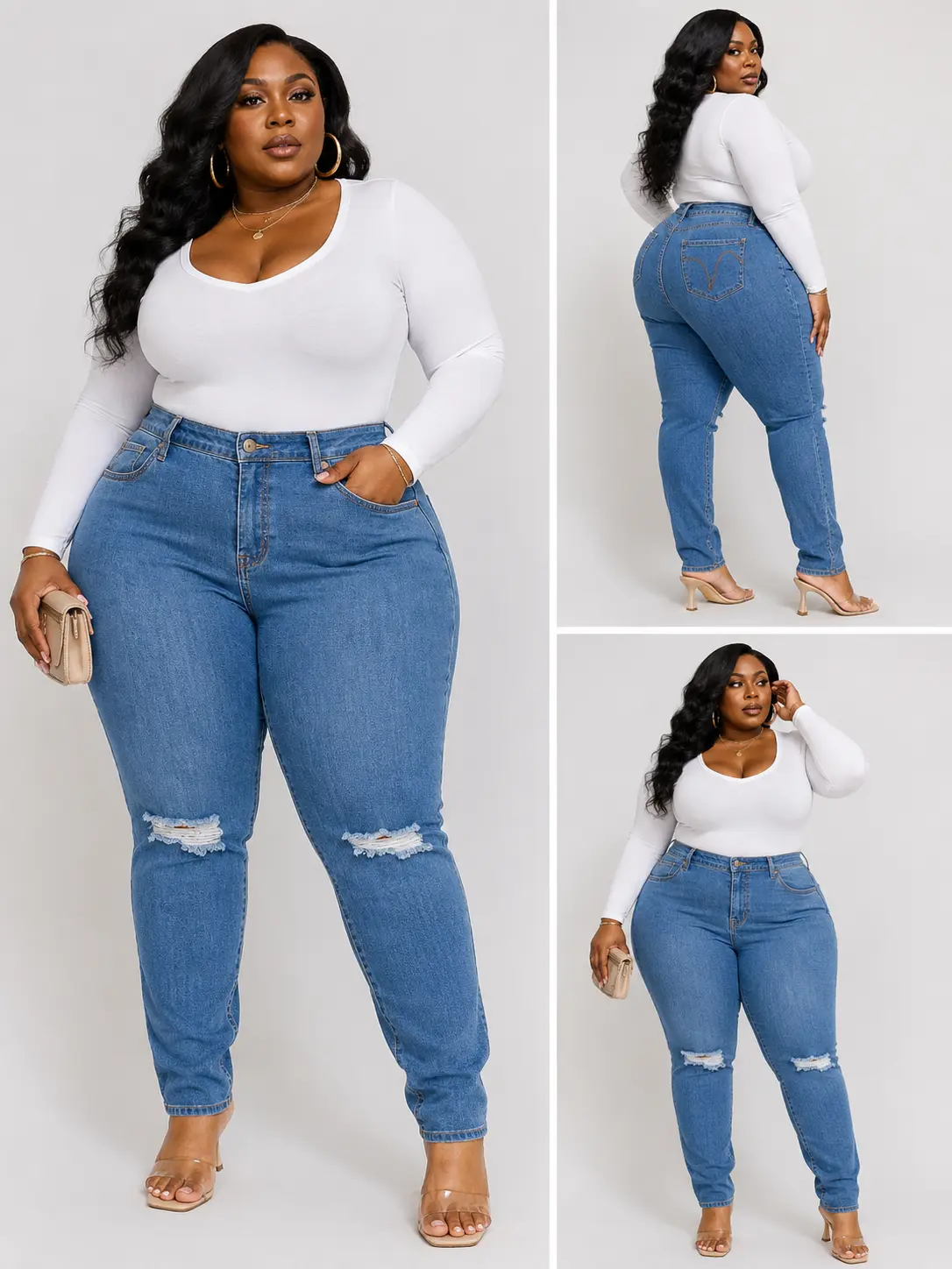 PLUS SIZE BLUE DENIM SLICED KNEE HIGHWAIST JEANS-20