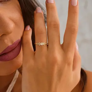 AMICON 14K Gold Plated Marquise Cubic Zirconia Engagement Ring for Women Multi CZ Simulated Diamond Cluster Thin Stackable Knuckle Band Trendy Jewelry Gift Size 6-10 Huge  Engagement  Ring