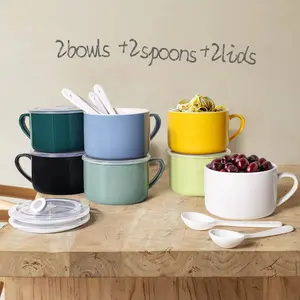 30oz Ceramic Ramen Bowls with Lid & Spoon, Large Soup Mugs with Handle, Big Cereal & Noodle Bowls, Set of 2
