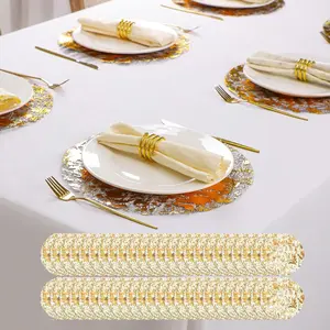 50Pcs Disposable Gold Placemats Set 13 Inch Round Gold Foil Mesh Pressed Table Doilies Metallic Thin Mesh Table Runner for Home Decoration Dining Wedding Birthday Party
