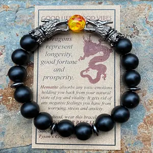 Black Onyx Dragon Bracelet, Viking Bracelet, Nordic Bracelet, Stretchy Beaded Bracelet for Men, Gift for Him, Boyfriend Gift.