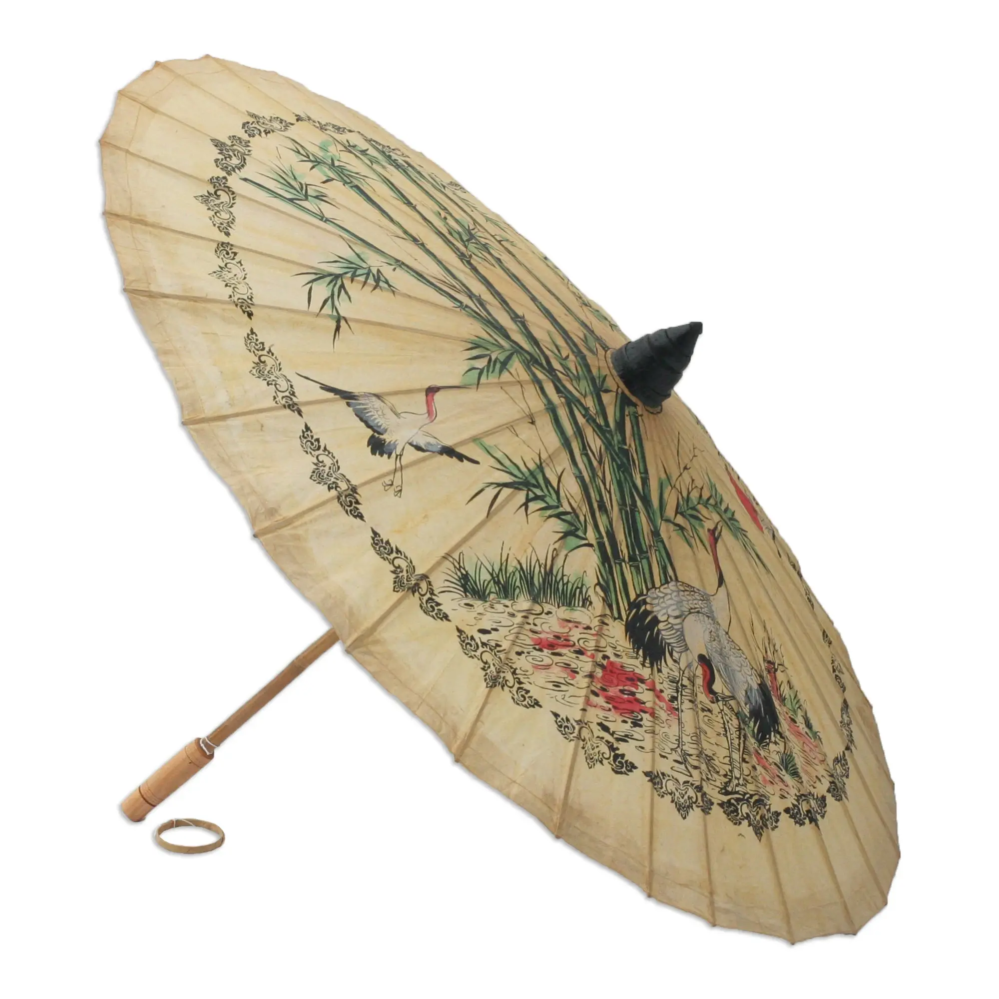 Novica Handmade Bamboo And Saa Paper Umbrella Parasol | Bird And Flower Art | Artisan Crafted Hand Painted Design | Home Decor | Solid Wood Handle | 'Crane Morning' | Thailand | 30" H X 39" Diam.