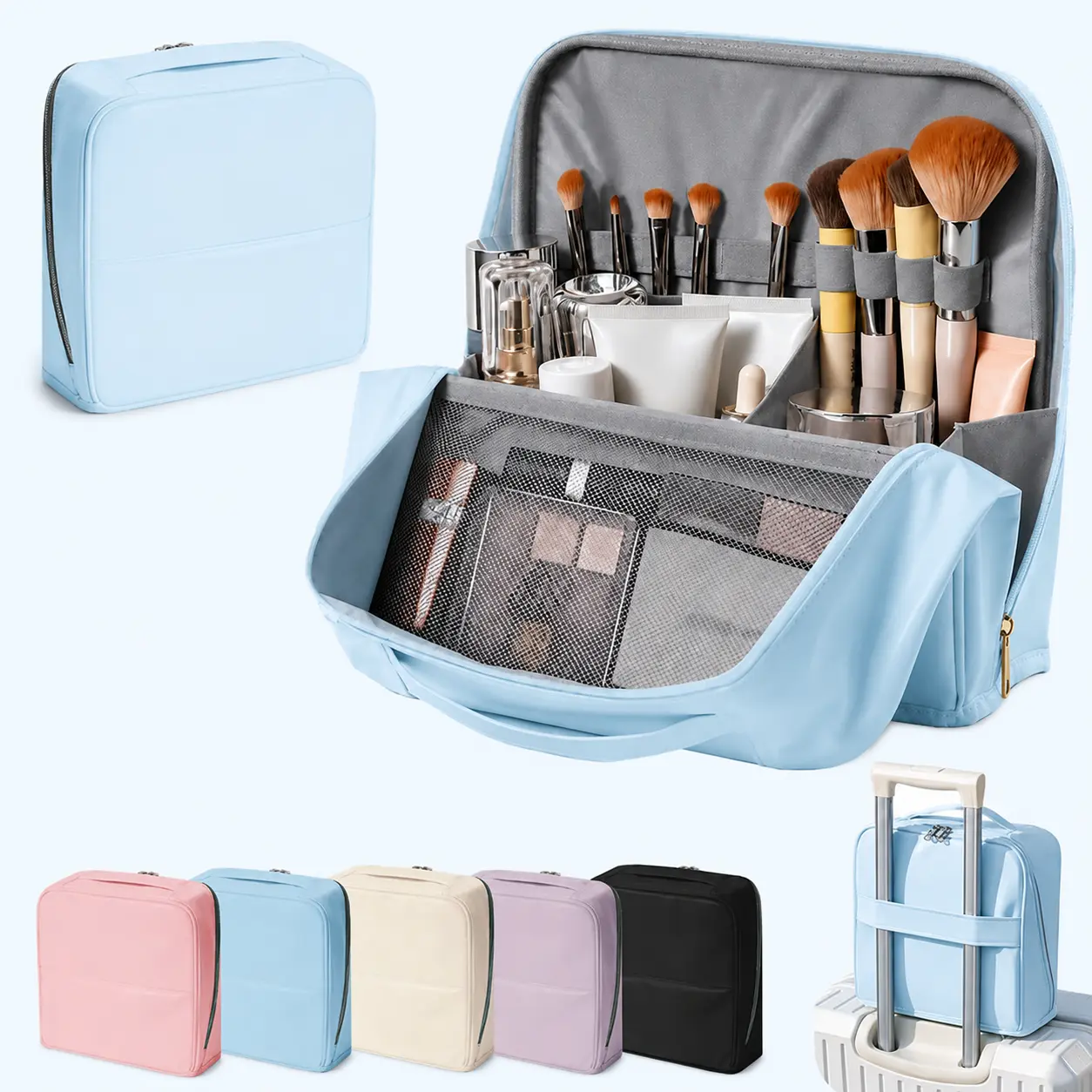 Large Capacity Travel Makeup Bag for Women, Waterproof Standing Cosmetic Organizer with Magnetic Fold-Down Flap, Large Opening, Brush Holder & Portable Toiletry Storage, Blue