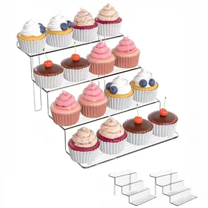 1/2 Pack Acrylic Riser Shelf 4 Tier Clear Display Stand for Collectibles Pop Figures, Cupcakes, Perfumes, Display Risers for Decorating & Organizing