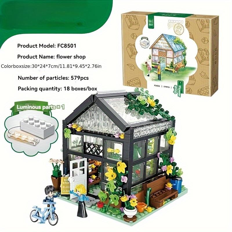Street view flower shop 579pcs LED mini set, city street view greenhouse building block toys, can be used as ornaments, can be given as gifts to friends