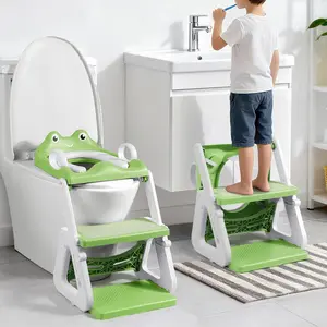 Frog Potty Training Seat Toddler Toilet Seat with Step Stool Ladder 2-in-1 Adjustable Height Non-Slip Splash Guard Design for Boys Girls Green