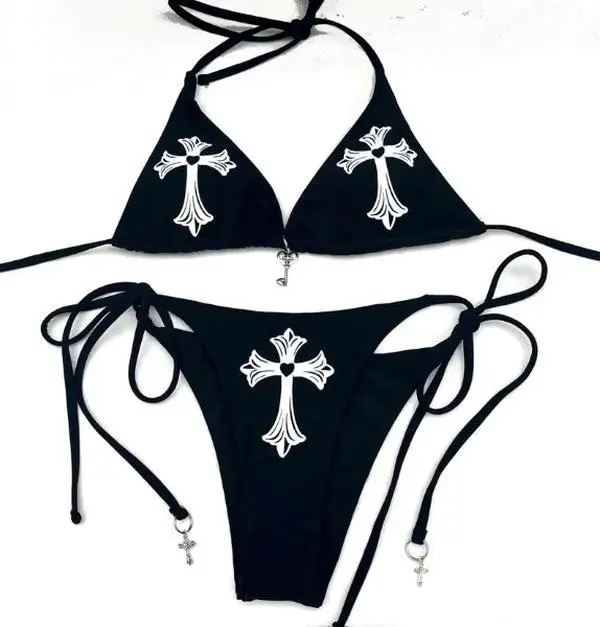 Y2K Cross Heart Bikini, Black Goth String Bikini Set, Dark Feminine Alt Swimwear