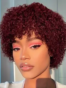 99J Burgundy Short Kinky Curly Human Hair Wig with Bangs, Human Hair Wine Red Curly Wig for Women, Natural full machine made Short Curly Human Hair Wigs