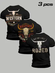 Men's Western Cowboy Style Streetwear Cow Print Short Sleeve T-Shirt (3 Pack), Breathable Fabric, Soft and Durable, Classic Round Neck, Casual