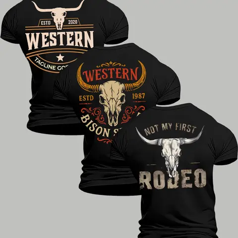 Men's Western Cowboy Style Cow Print Short Sleeve T-Shirt (3 Pack), Breathable Fabric, Soft and Durable, Classic Round Neck, Cowboy Graphic Tee