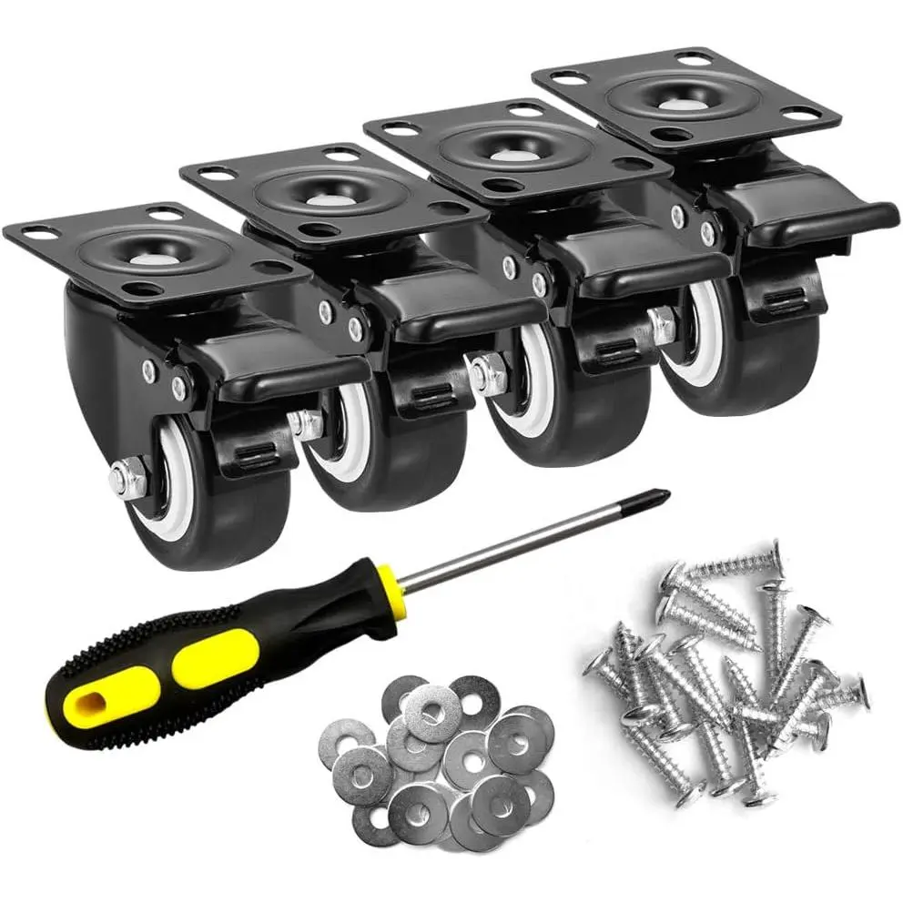 4-Pack 2 inch Heavy Duty Swivel Plate Caster Wheels with Brake, Silent Polyurethane (PU) Double Bearings Casters, 450lbs Capacity, for Indoor/Outdoor Screwdriver & Kitchen Hardware Applications, Silence