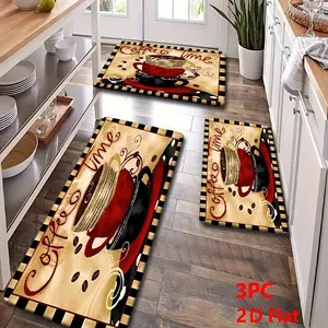 2pcs/3pcs Vintage Coffee Theme Floor Mats, Durable Print, Light Base, Border, Coffee Cup & Bean Design, Home Decor