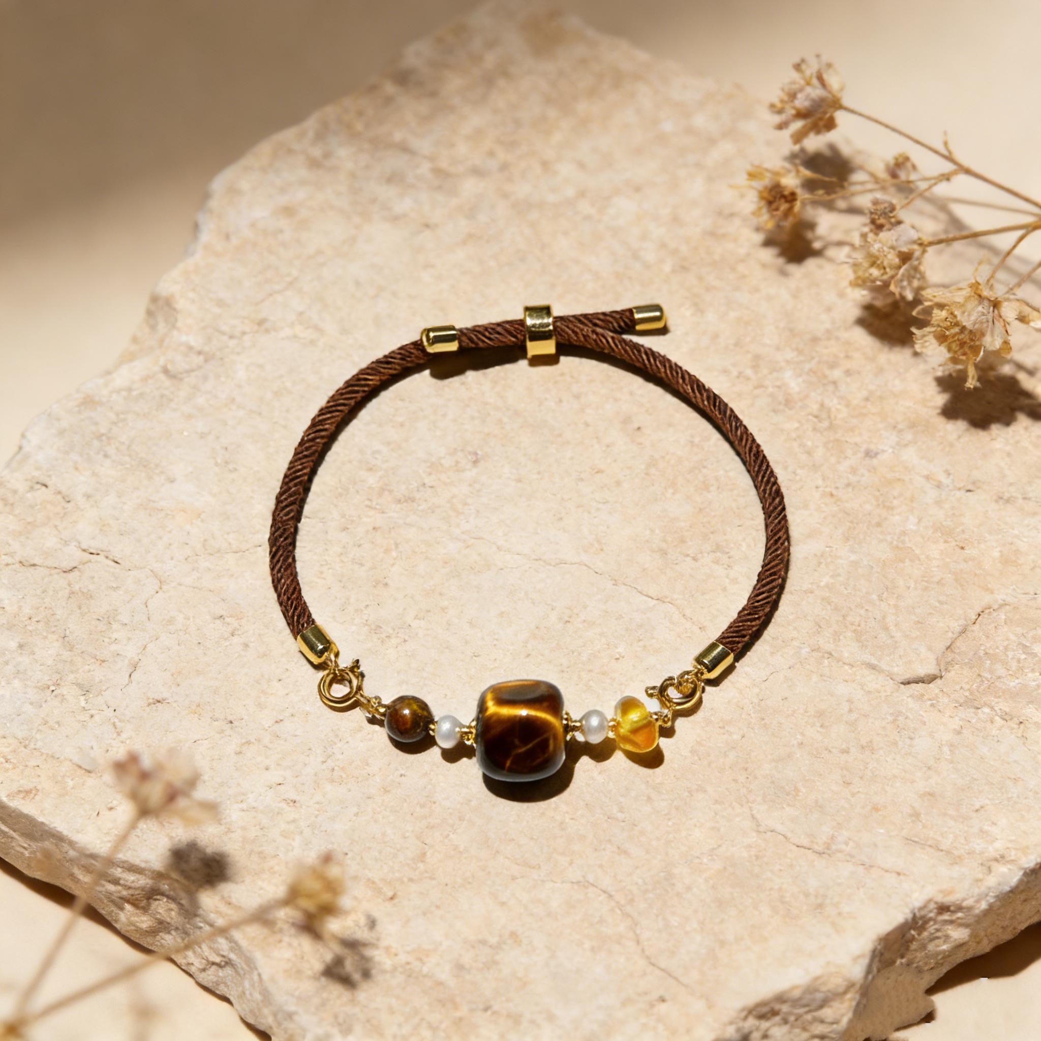 Handmade Square Tiger Eye Pendant Bracelet – Confidence & Protection Natural Gemstone Bracelet, Grounding Energy, Focus & Success Jewelry, Adjustable Cord Manifestation Bracelet for Women & Men