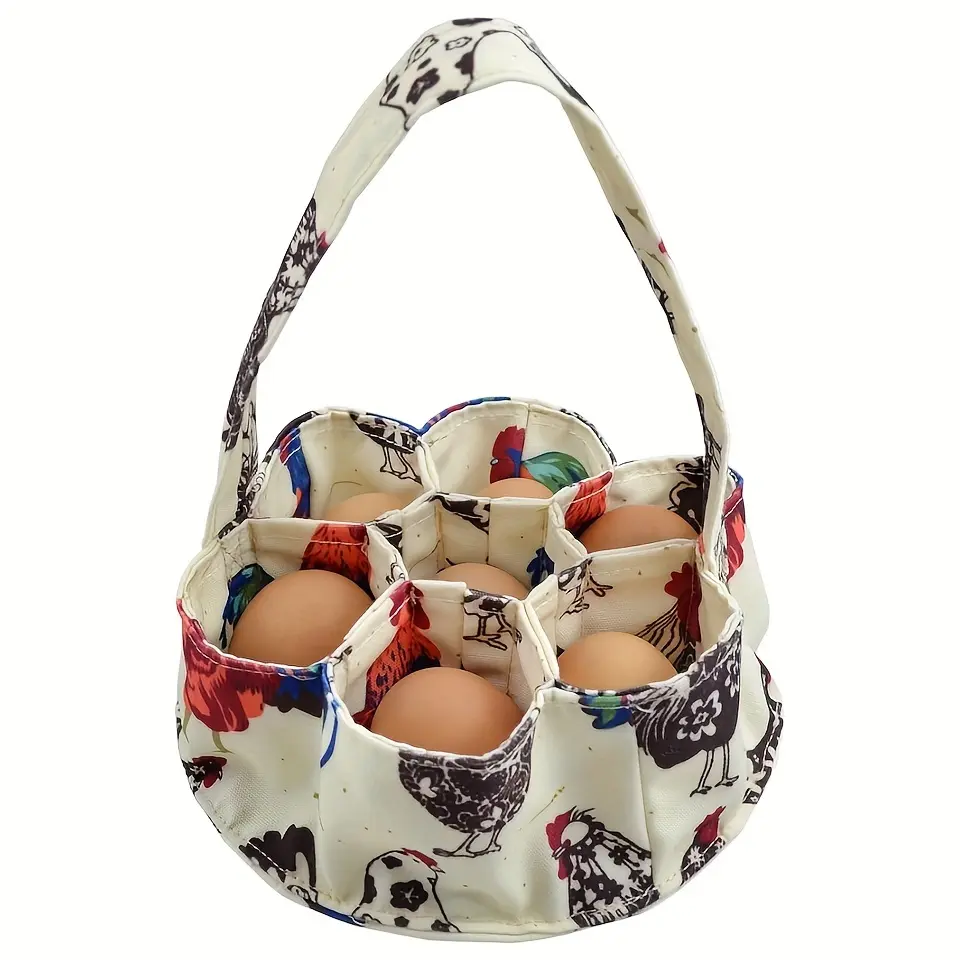 Charming Farmhouse-Style Mini Egg Gathering Basket with 7 Pockets - Durable Polyester, Rooster & Hen Print | Perfect for Chicken, Duck, Goose Eggs | Ideal for Garden & Home Use, Decorative Storage Basket, Baskets for Organizing, Organization Baskets