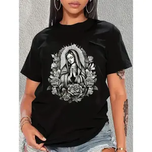 Our Lady Virgen De Guadalupe Virgin Mary Floral  T-Shirt Print Crew Neck T-Shirt, Women Graphic T Shirts, Casual Short Sleeve T-Shirt For Spring & Summer, Women's Clothing