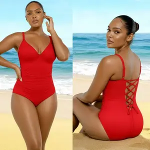 2026 New Plus Size V-Neck Lace-Up Back Swimsuit with Tummy Control for Women Starfish Print Beach Pool Vacation Outfit Comfortable Fit 14W-26W Breathable Quick-Drying Fabric