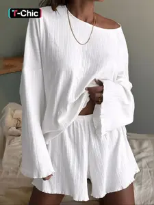 Women's Solid Color Round Neck Long Sleeve T-Shirt and Shorts Fitted Pajama Set, Casual Comfortable Nightwear Sleepwear, Loungewear, Homewear, Soft Loose Fabric, All Seasons, Pajamas for Women, Pjs, Cozy Comfort