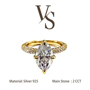 [Venus Jewelry] Synthetic Moissanite 2 CCT Marquise Cut Triple Luxury Regular Band VVS 1 D Color Solid Silver 925 Solitare Ring