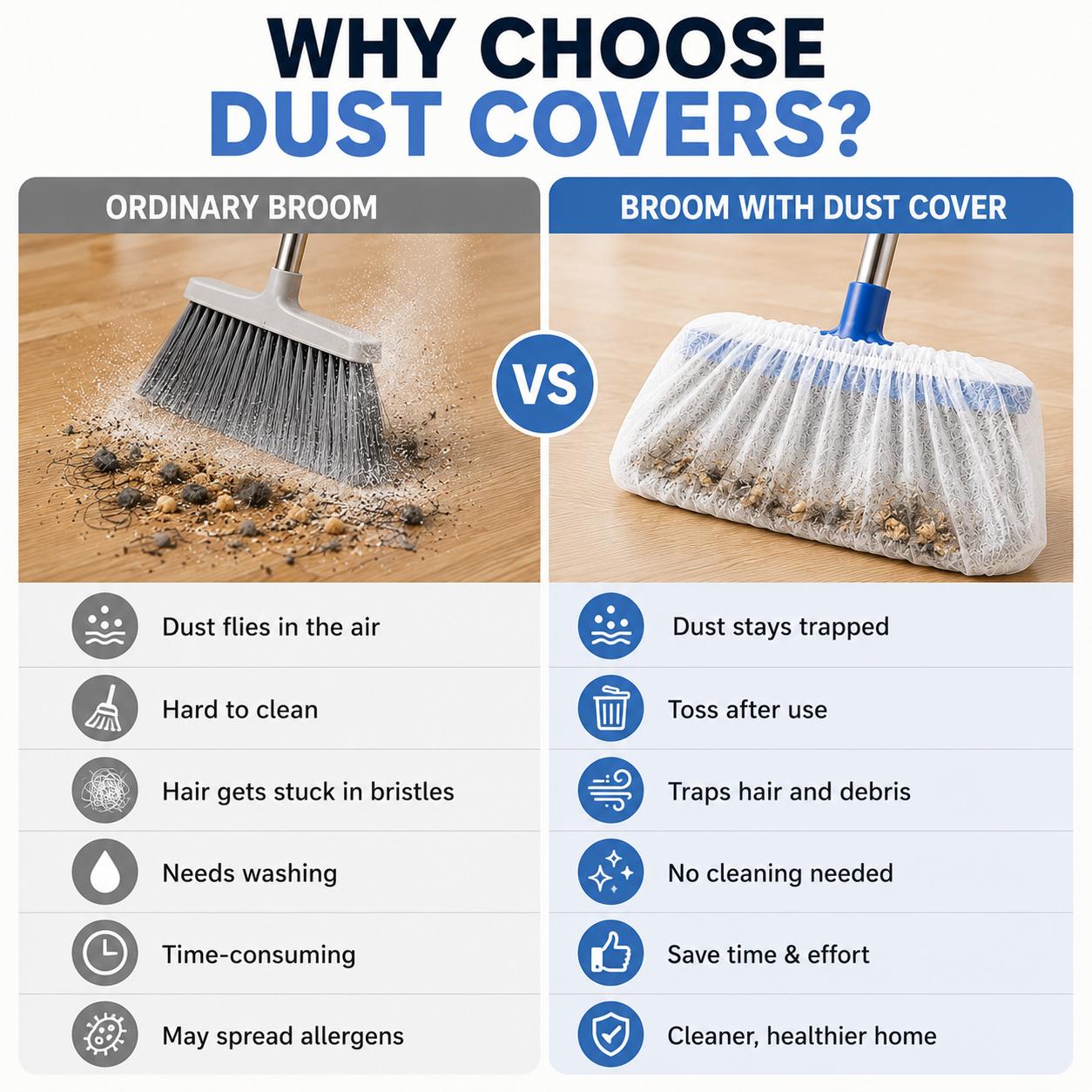Disposable broom cover holding dust hair lint and pet fur