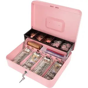 Cash Box with Money Tray and Key Lock, Safe Locking Money Lock Box for Cash Register, XL Large Pink 11.8"x9.45"x3.54"