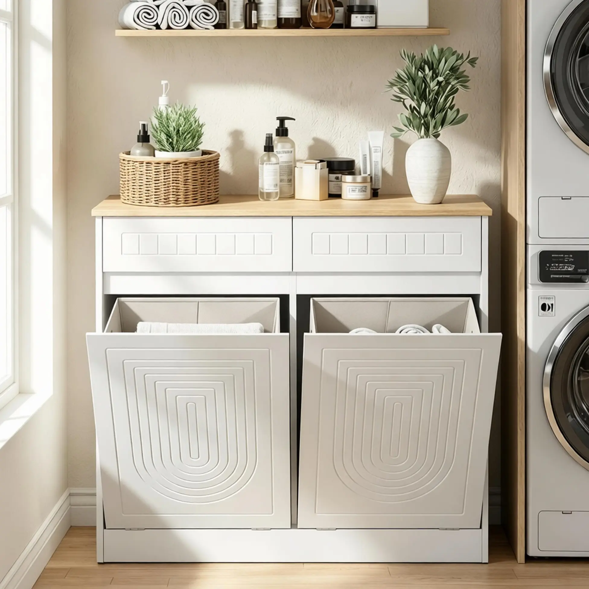 Sturdy Double Tilt-Out Fluted Modern Wooden Laundry Hamper Cabinet, 20 Gal High Capacity Bathroom Furniture with 2 Drawers, Tilting Baskets, Wide Tabletop & Assembly Required