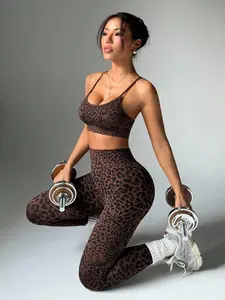 Women's Spring Summer Leopard Print Two-Piece Set, Workout Set, Athletic Workout Clothing, Adjustable Straps Backless Top + High Waist Slim Fit Pants, Moisture Wicking Yoga Fitness