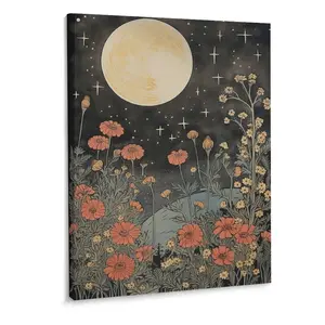 Celestial Star Canvas Wall Art，Vintage Poster，Dark Aesthetic Moon Stars And Flowers Decor, Prints Goth Room Picture Witchy Gothic Wall Decor Gifts Landscape