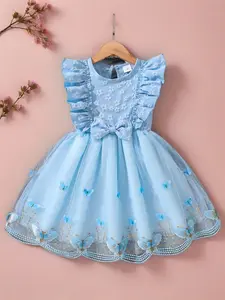 Girl's Butterfly Pattern Bow Decor Dress, Cute Round Neck Dress for Summer, Kids Clothes for Daily Wear, Butterfly Print Dress