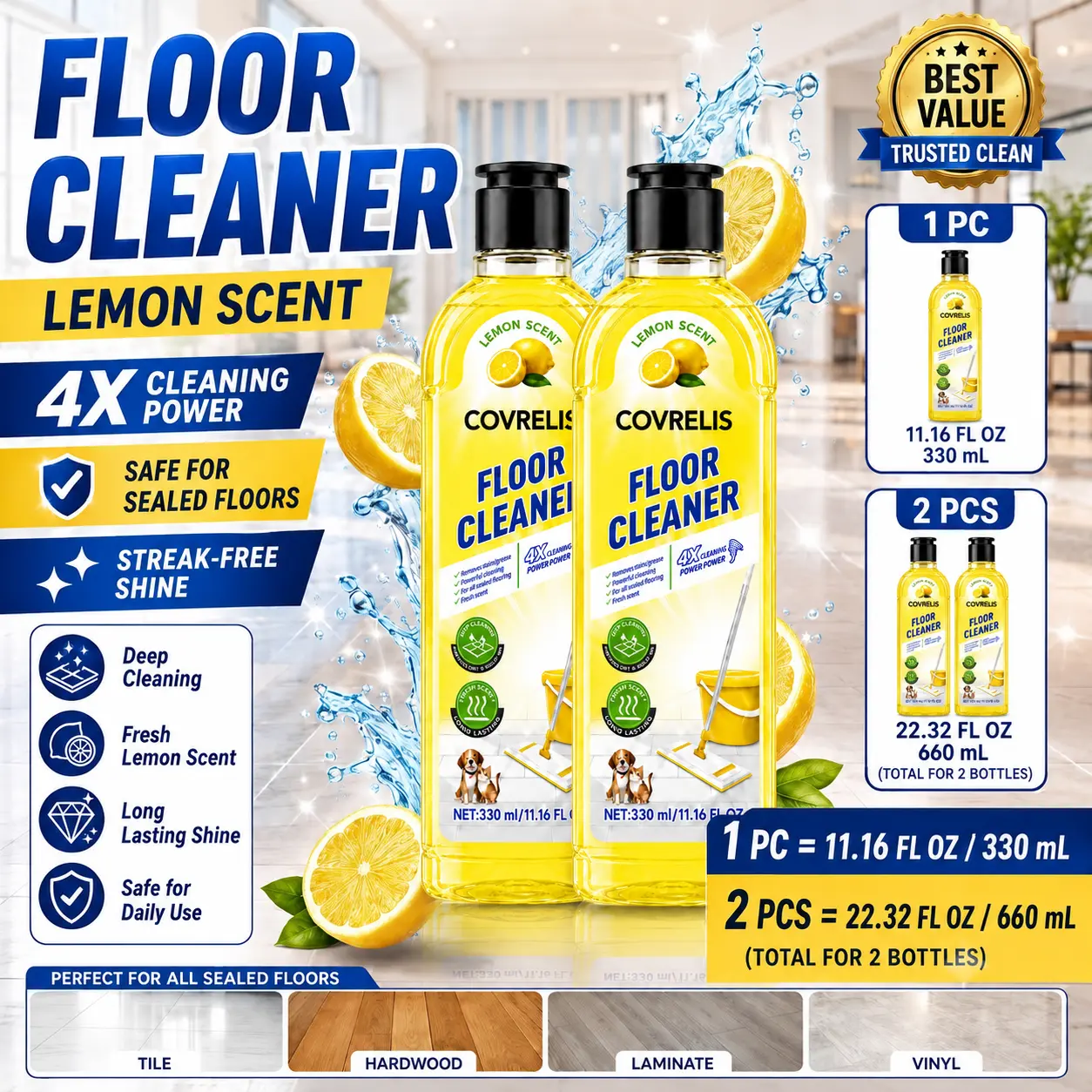COVRELIS Lemon Floor Cleaner, Deep Clean Floor Cleaner, Magic Streak-Free Floor Cleaner | Fast-Drying Deep Cleaning Solution for Hardwood, Tile, Laminate, and Vinyl Floors, Pet-Friendly & Fresh Scent, floor cleaner for mopping、pet urine floor cleaner、non-