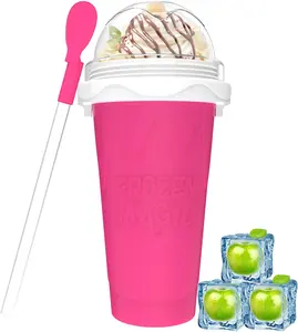 Slushy Maker Cups, DIY Magic Slushy Maker Squeeze Cups, Portable Smoothie Squeeze Cup for Juices, Milk and Ice Cream Make, Double Layers  Slushie Cup with Straw for Friends,Family Gifts-Pink