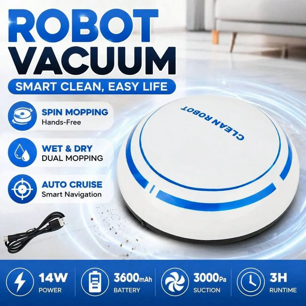 Robot Vacuum and Mop Combo, 3000Pa Suction Smart Robotic Cleaner with Dual Rotating Mops for Hardwood Floors, Pet Hair, and Home Cleaning