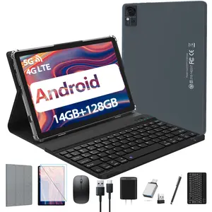 2025 android Tablet with Keyboard & Mouse, 10.1" 2-in-1 Tablet, 14GB RAM + 128GB ROM (1TB Expandable), Octa-Core, 4G Cellular with Dual SIM, 5G WiFi, 7000mAh Battery, Face Unlock, Case Included