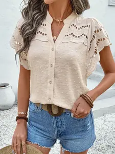 A women's solid color lace trim mesh knitted ball button short sleeve Lightweight Fitted T-shirt top, suitable for summer, suitable for daily commuting, home, dating other occasions, Blouses, Womenswear