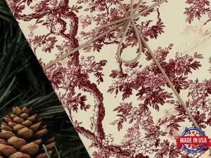 Burgundy Toile de Jouy Wrapping Paper Roll Cottagecore Christmas Gift Wrap Farmhouse Vintage Style Old Fashioned Holiday Yule Decoration